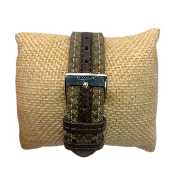 COACH Silver-tone Brown Canvas Genuine Leather Ladies Wristlet Watch